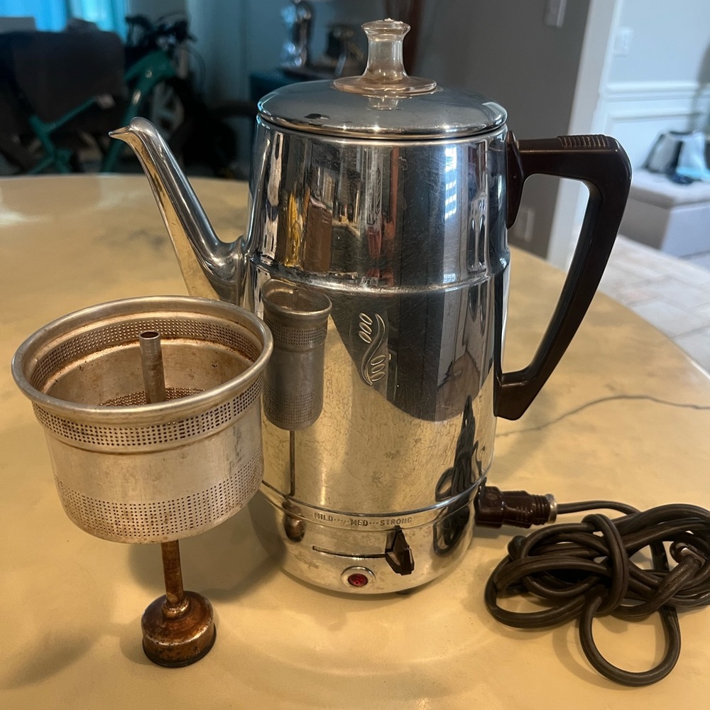 Vintage Camfield Stainless Steel Electric Coffee Percolator with Black Handle